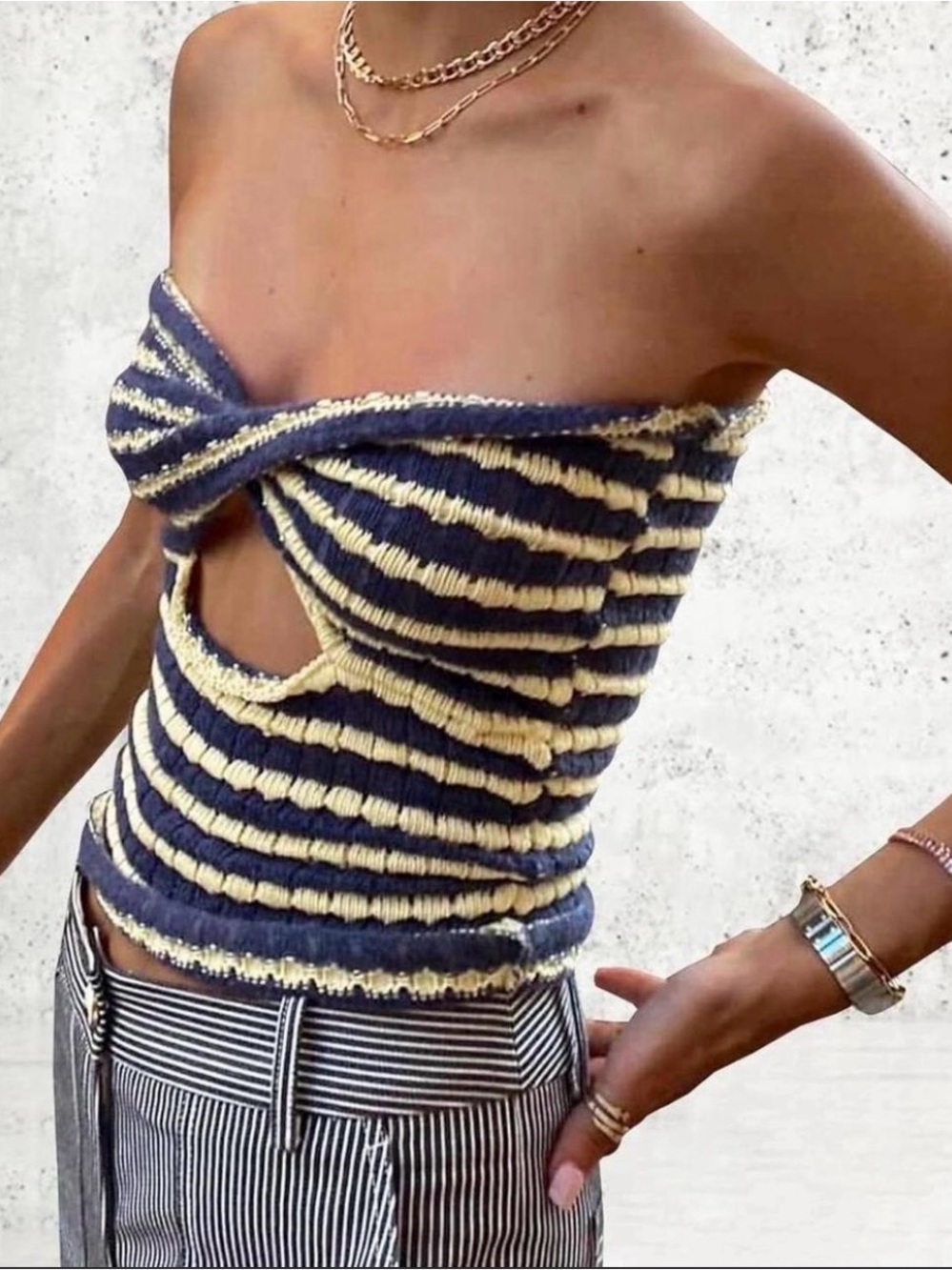 Striped Knit Twist-Front Tube Top in Navy and Cream